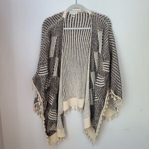 Anthropologie Two-Tone Open-Front Fringe Poncho Wrap - Cream & Gray- OS